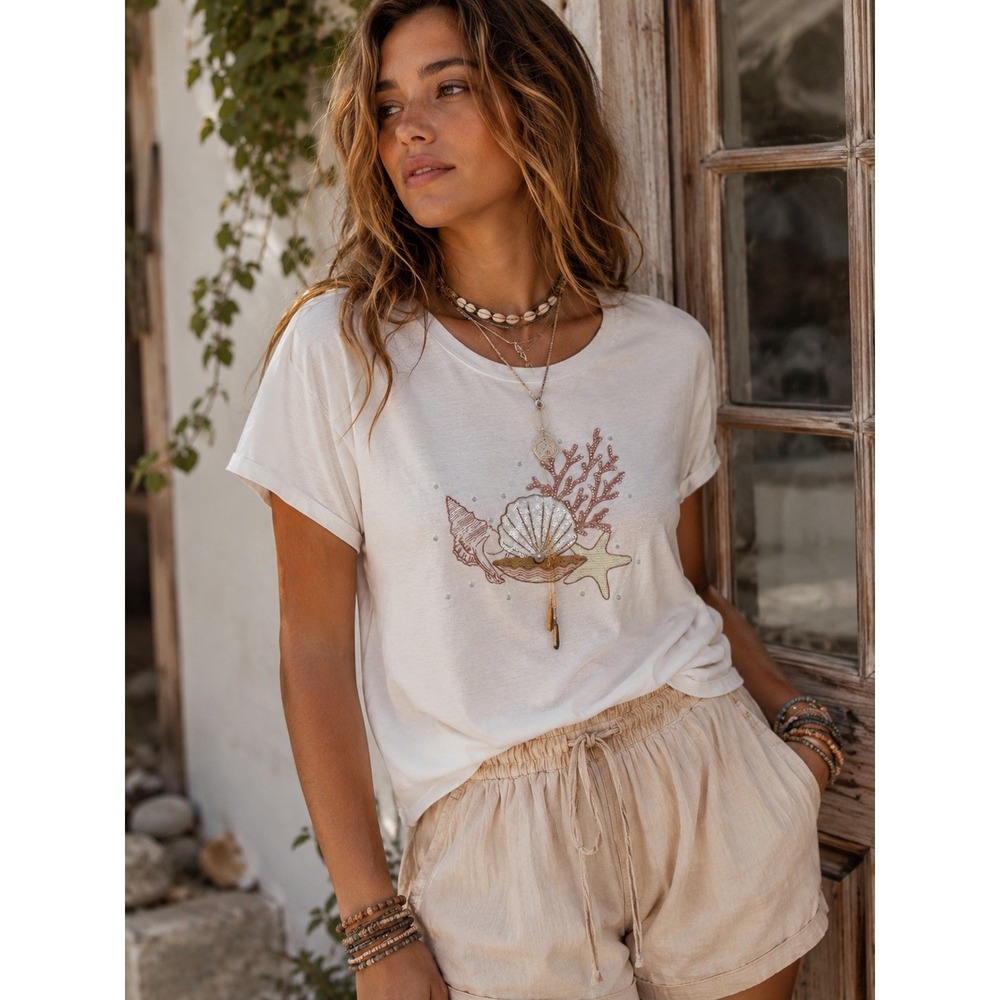 HM White Cotton T-Shirt Embroidered Shell Sequin Pearl Coastal Graphic Large